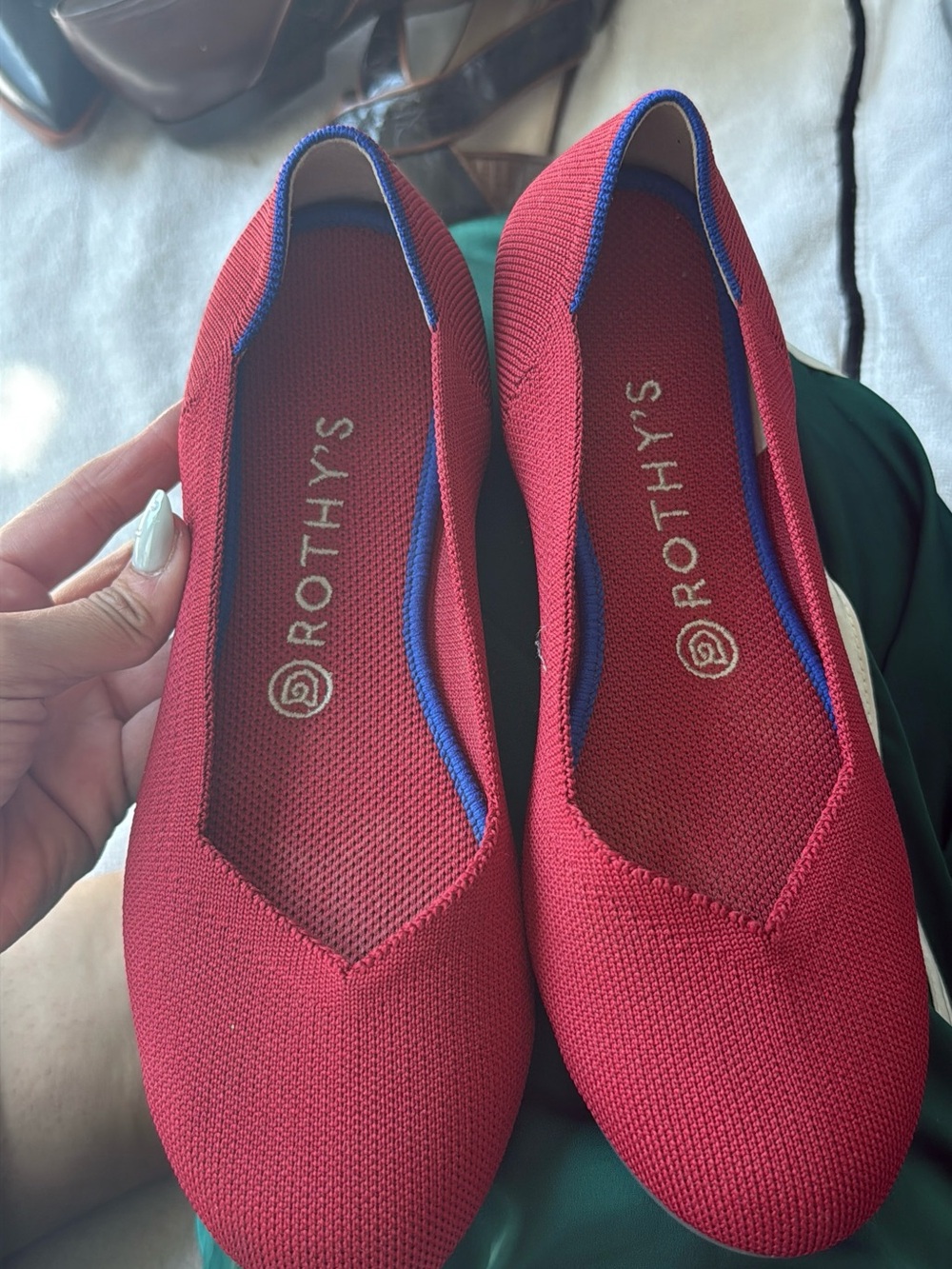 Rothy's Women's Red Knit Slip-On Flats with Blue Trim